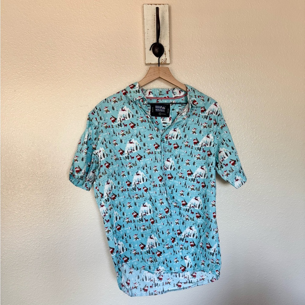 MONUMENT • Vibrant Blue Funny Santa Christmas Casual Button Down Shirt